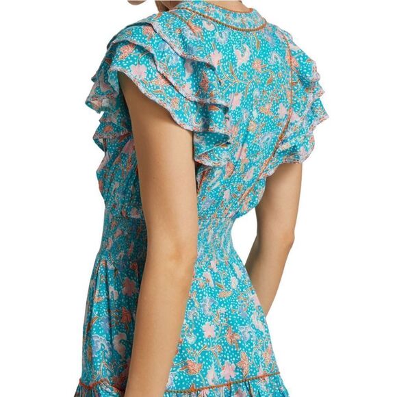 ✨NWT Poupette St Barth Camila Floral Duck Green Canary Ruffled Mini Dress - Picture 5 of 11